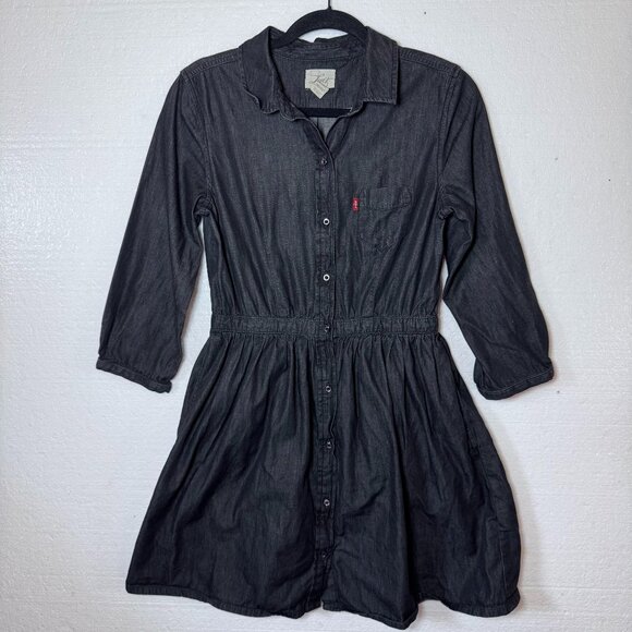 Levi's Womens Medium Black Denim Chambray Button Front Dress 3/4 Sleeve Casual - Picture 1 of 13